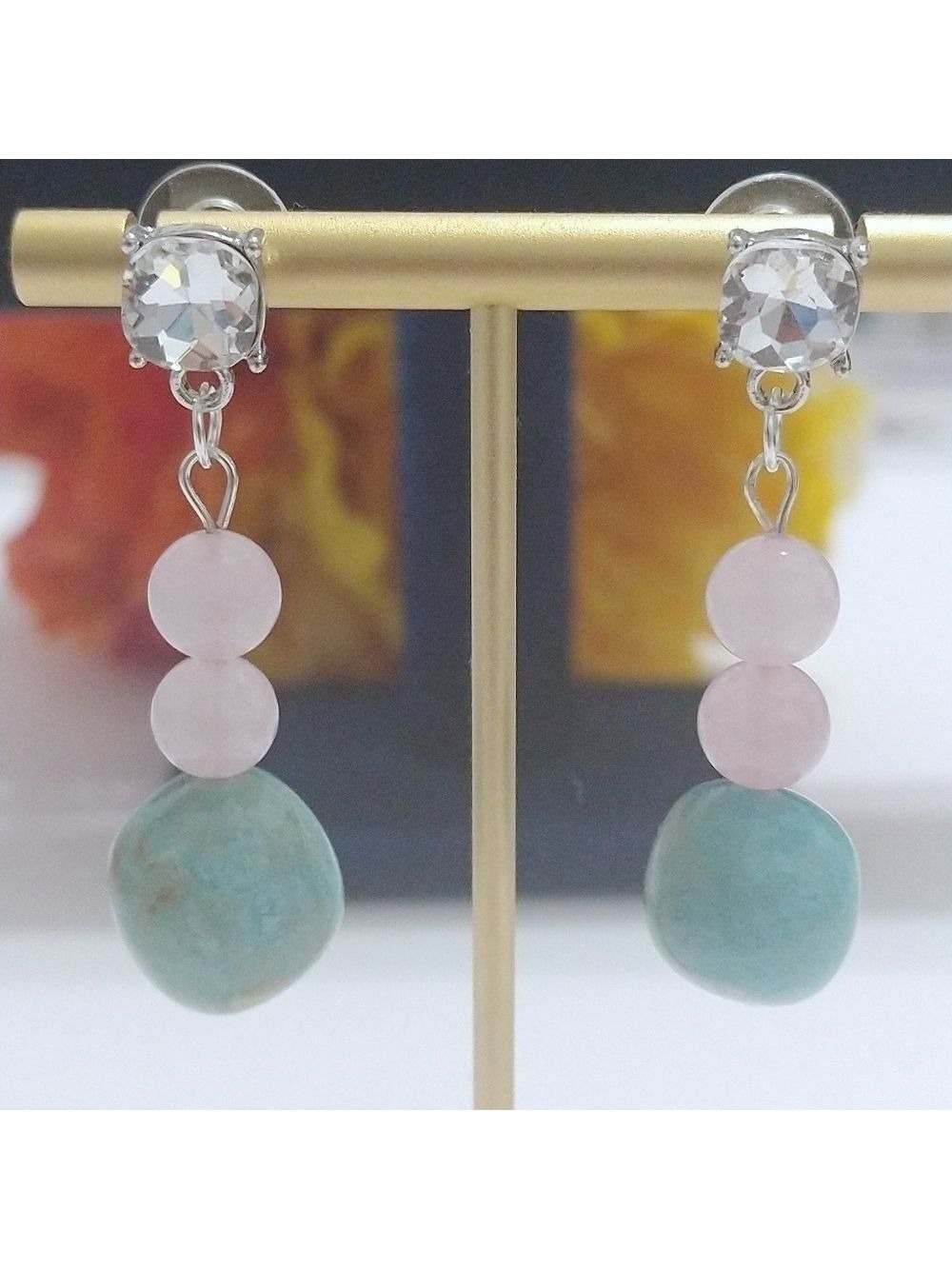 NWT Rhinestone Amazonite Rose Quartz Stud Dangle Earrings